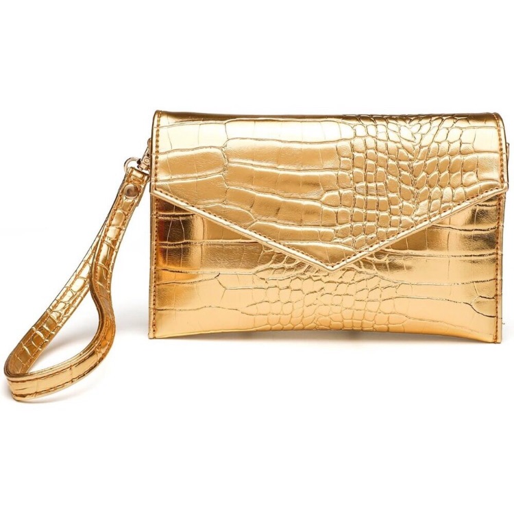 Women Gold Leather Small Envelope Evening Clutch With Detachable Wristlet Strap